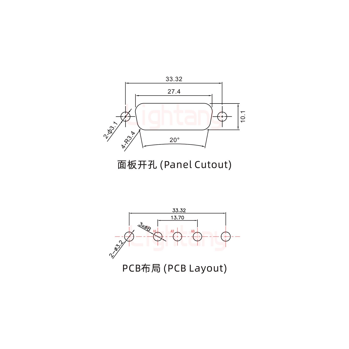 3V3公PCB直插板/铆鱼叉7.0/大电流40A