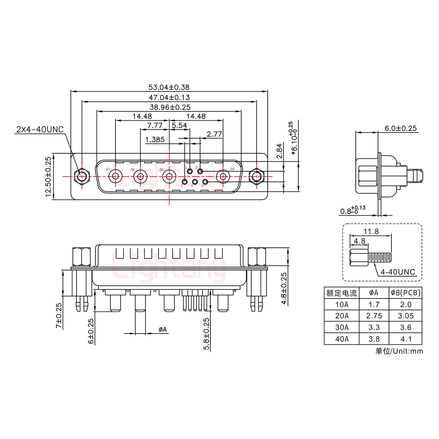 9W4公PCB直插板/铆鱼叉7.0/大电流40A