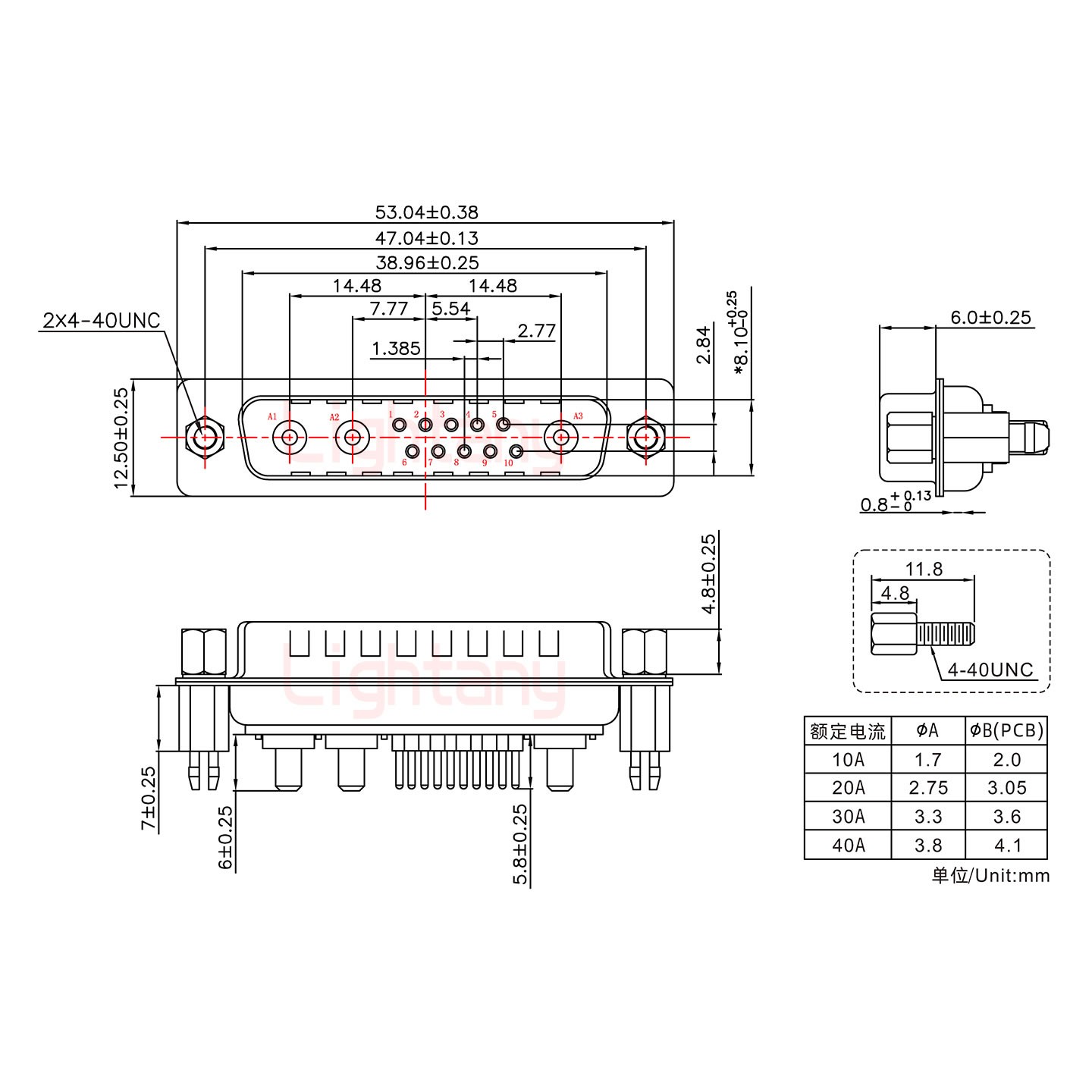 13W3公PCB直插板/铆鱼叉7.0/大电流10A