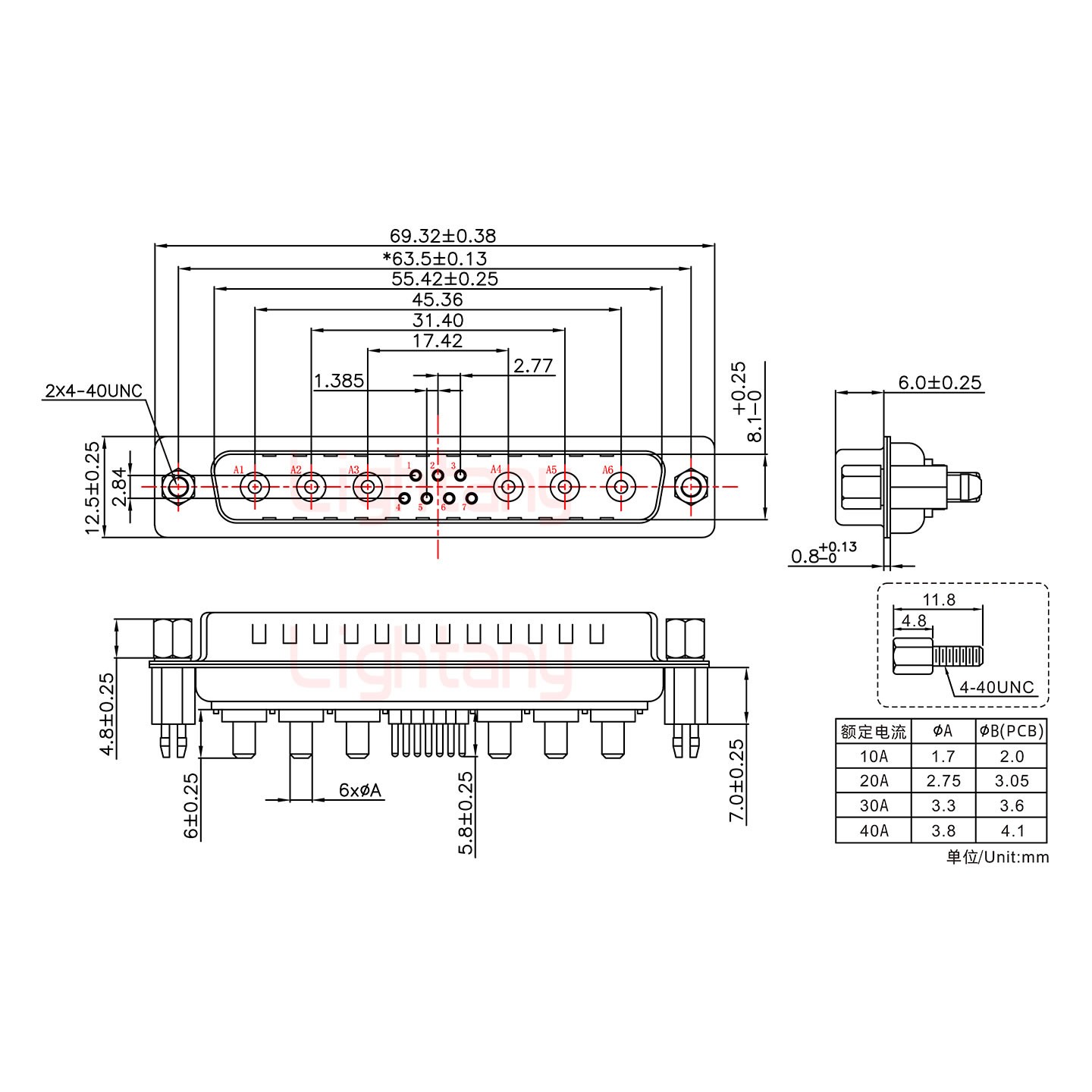 13W6A公PCB直插板/铆鱼叉7.0/大电流40A