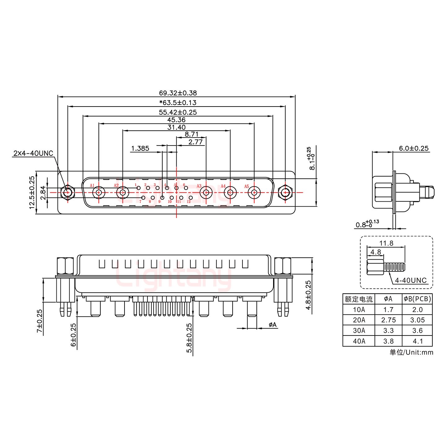 17W5公PCB直插板/铆鱼叉7.0/大电流10A