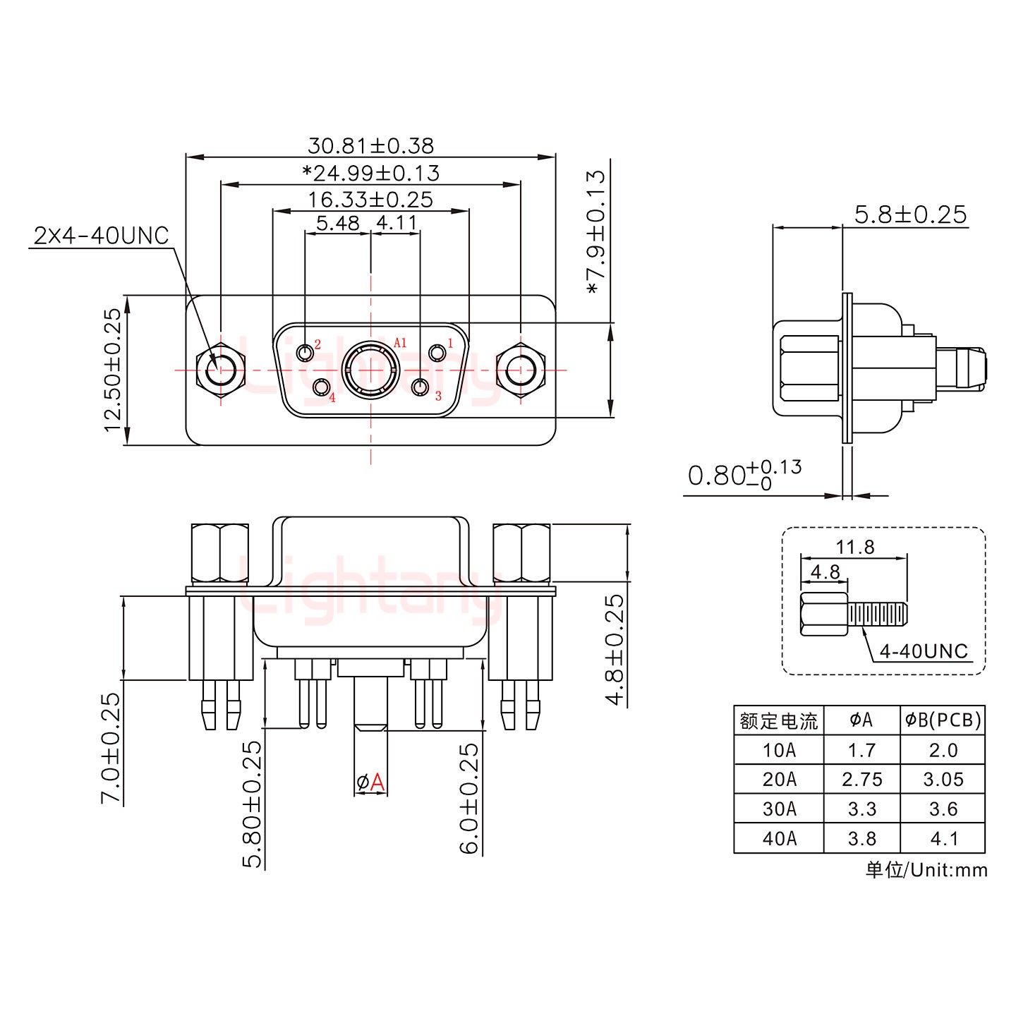 5W1母PCB直插板/铆鱼叉7.0/大电流20A