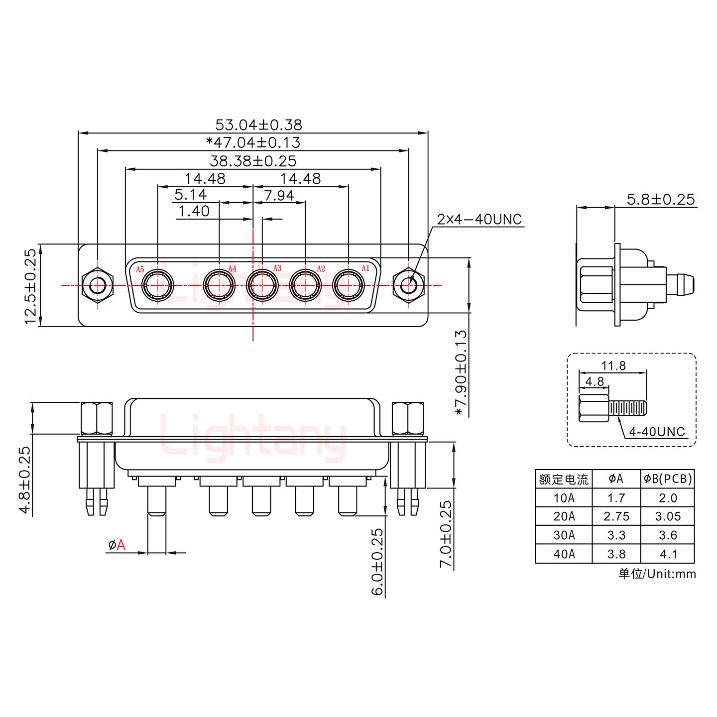 5W5母PCB直插板/铆鱼叉7.0/大电流30A