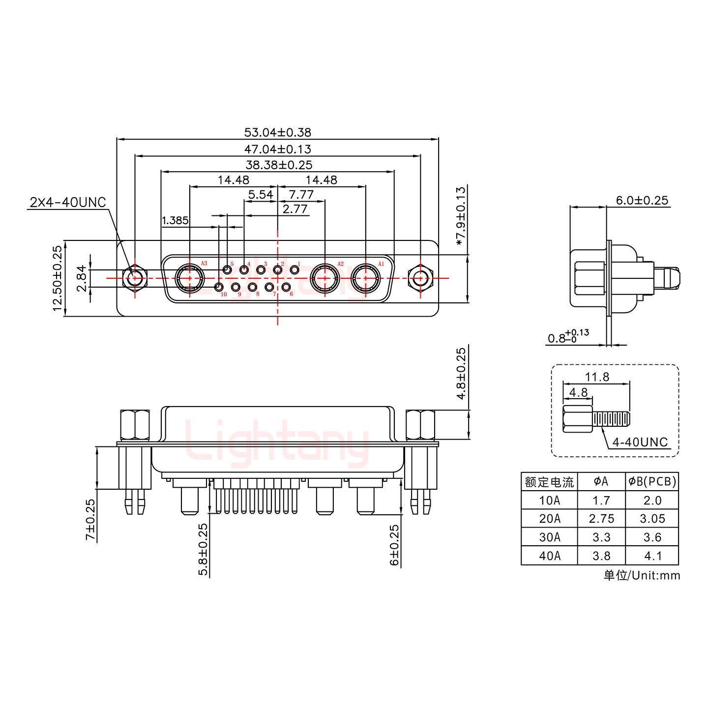 13W3母PCB直插板/铆鱼叉7.0/大电流10A