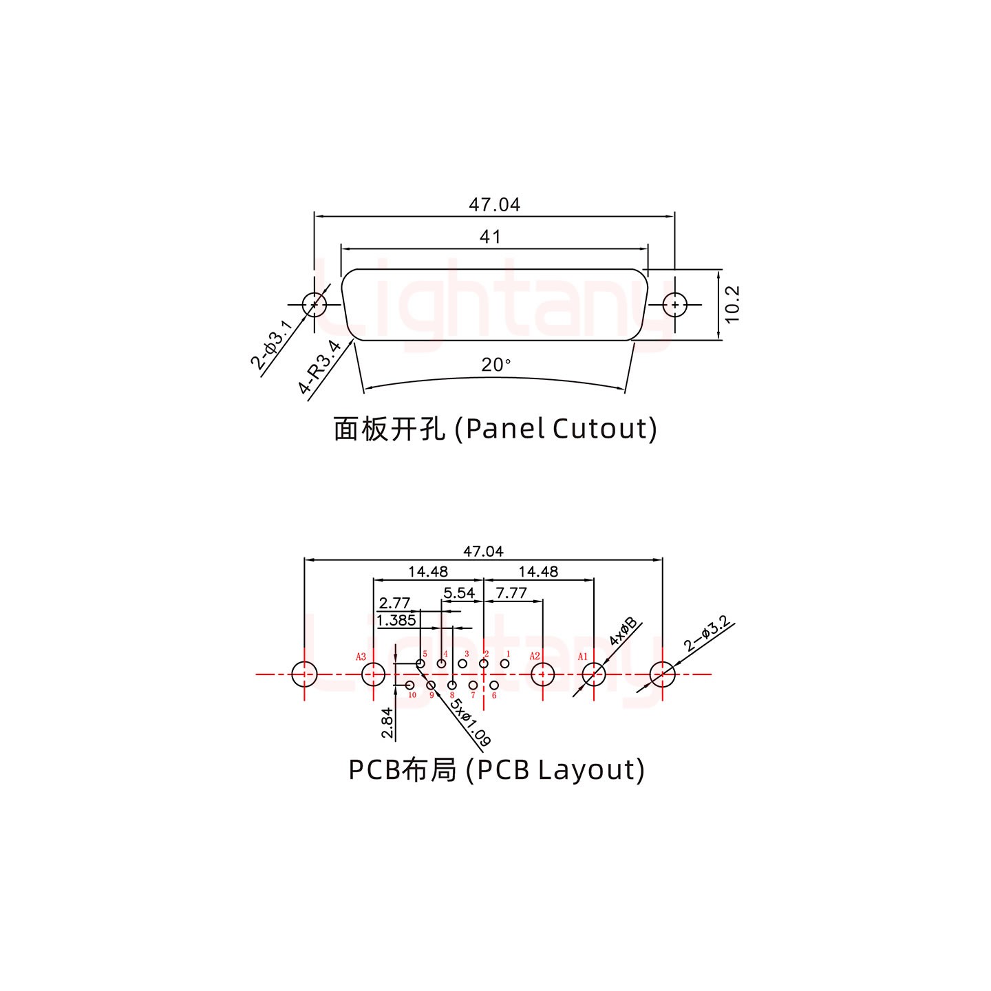 13W3母PCB直插板/铆鱼叉7.0/大电流40A