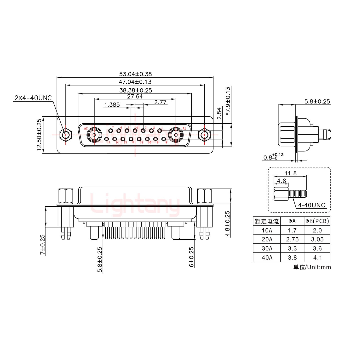 17W2母PCB直插板/铆鱼叉7.0/大电流20A