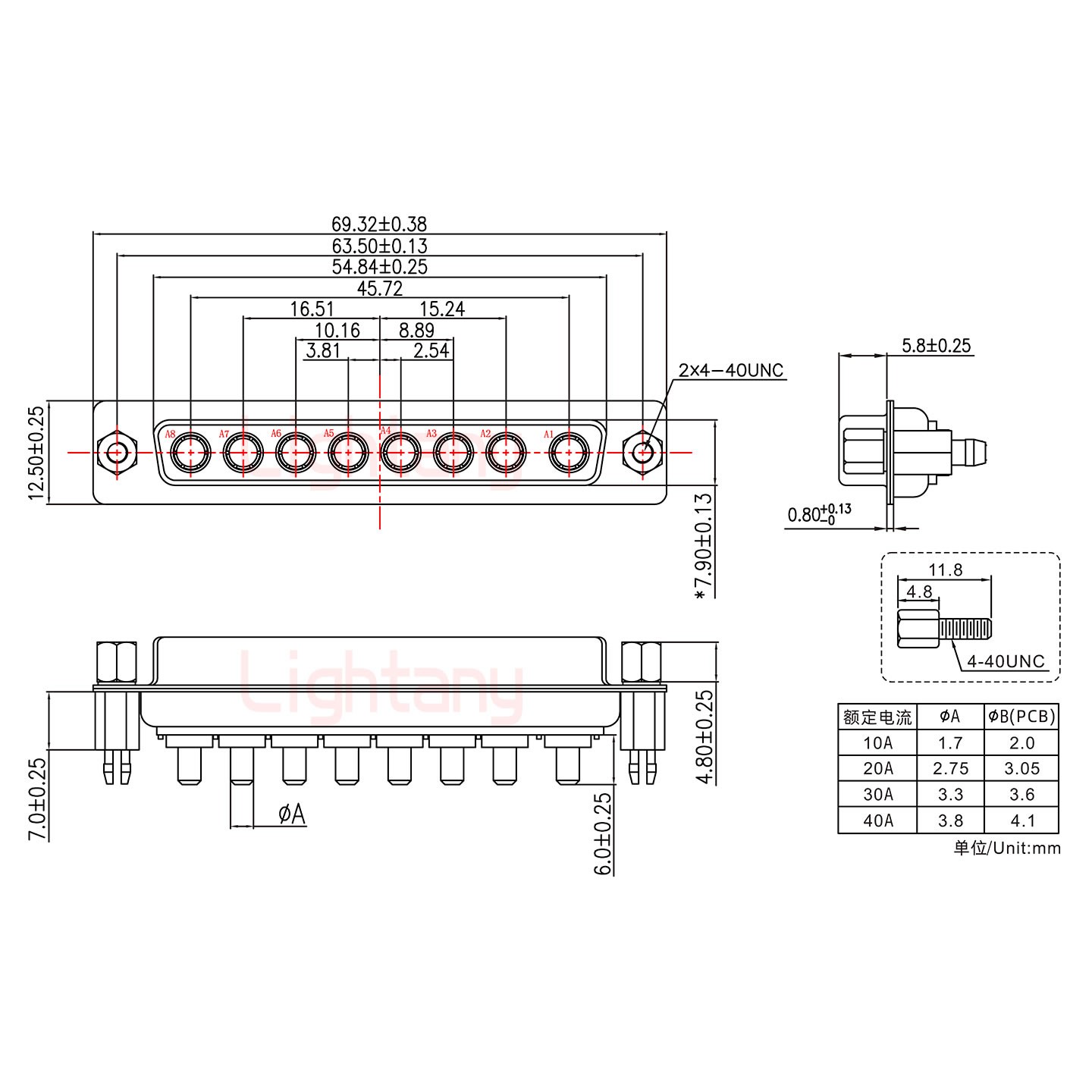 8W8母PCB直插板/铆鱼叉7.0/大电流10A