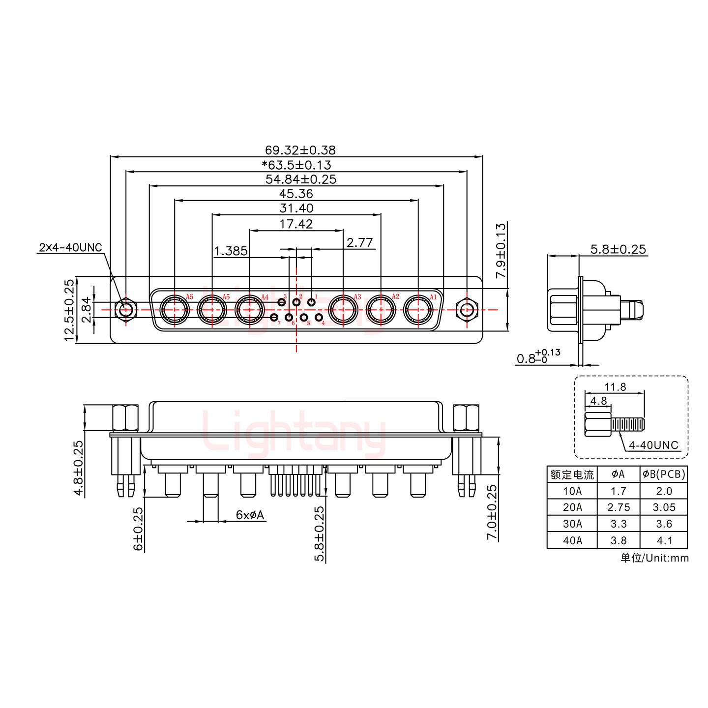 13W6A母PCB直插板/铆鱼叉7.0/大电流20A