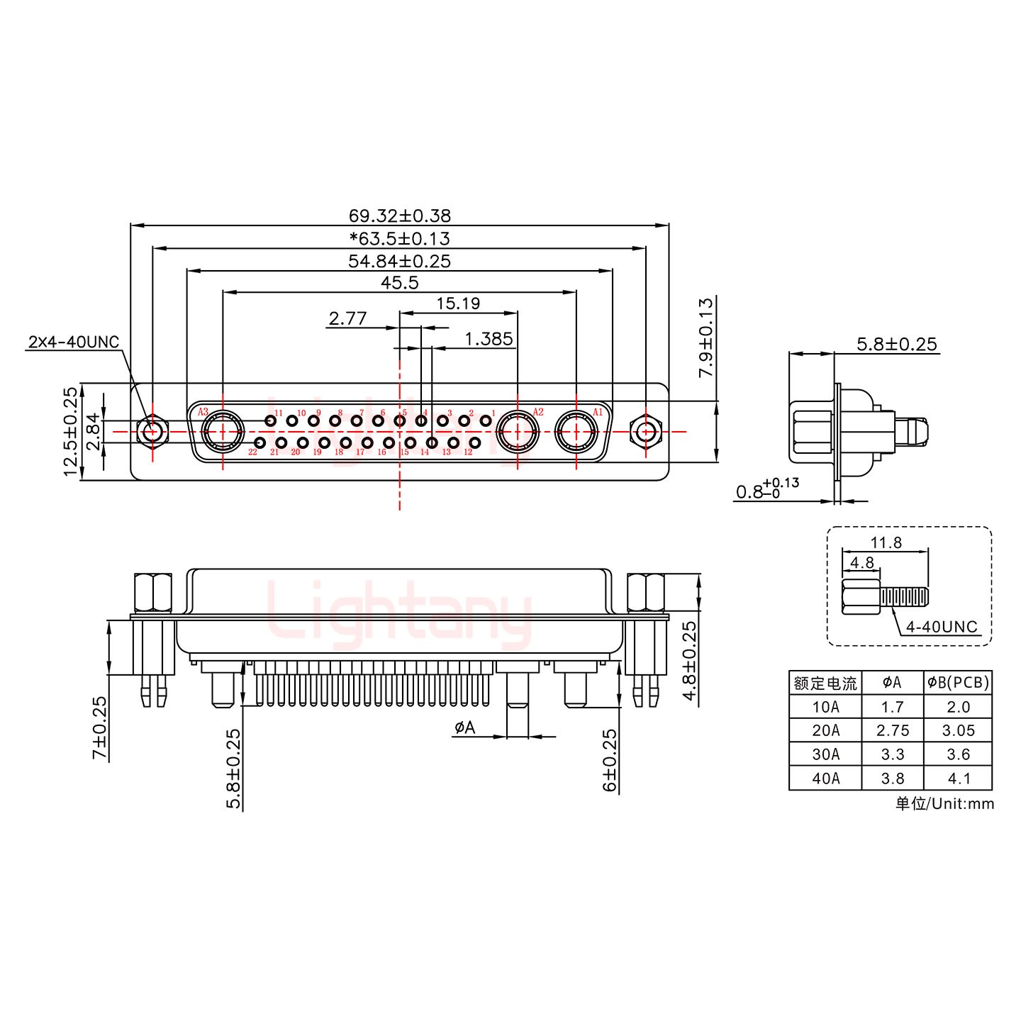 25W3母PCB直插板/铆鱼叉7.0/大电流30A