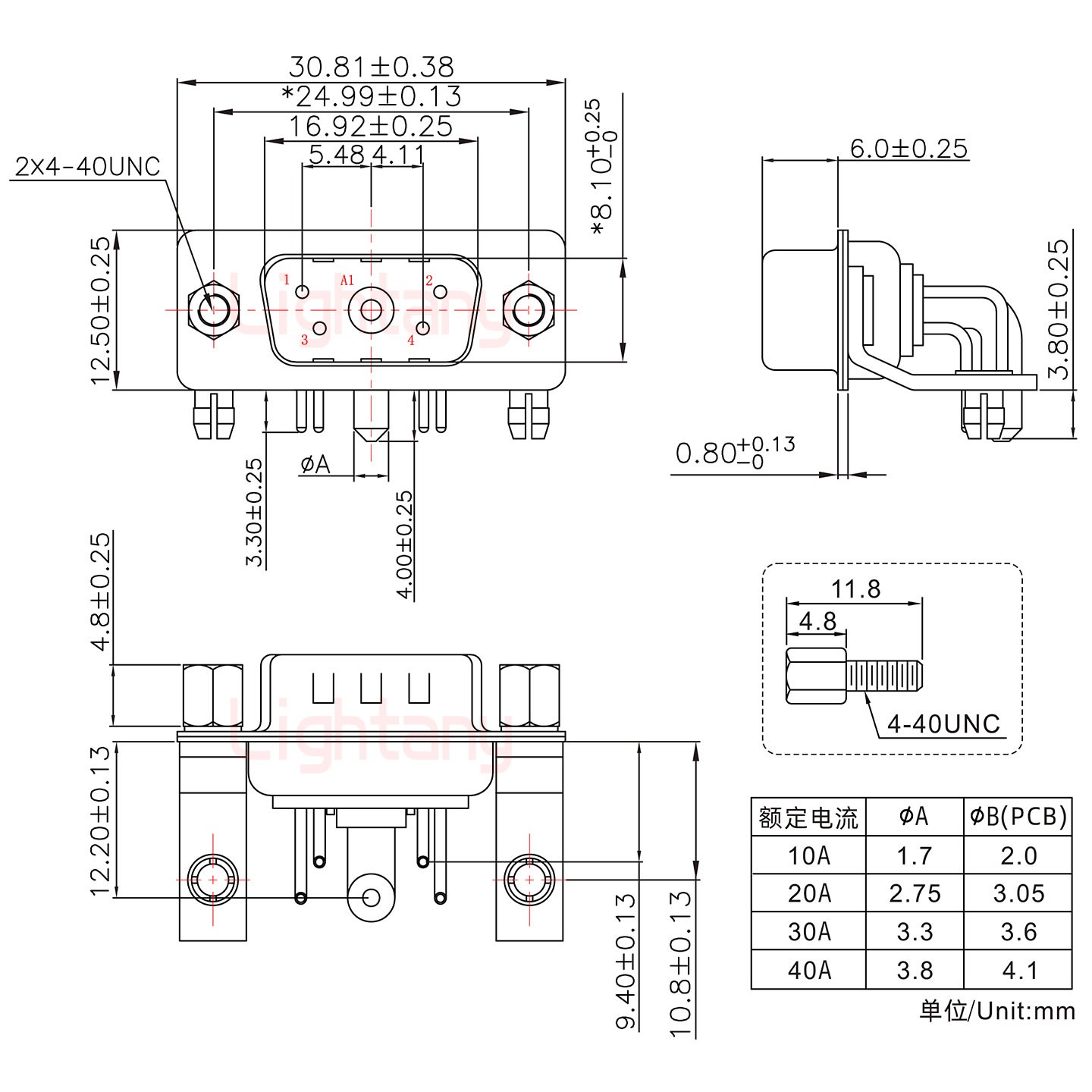 5W1公PCB弯插板/铆支架10.8/大电流30A