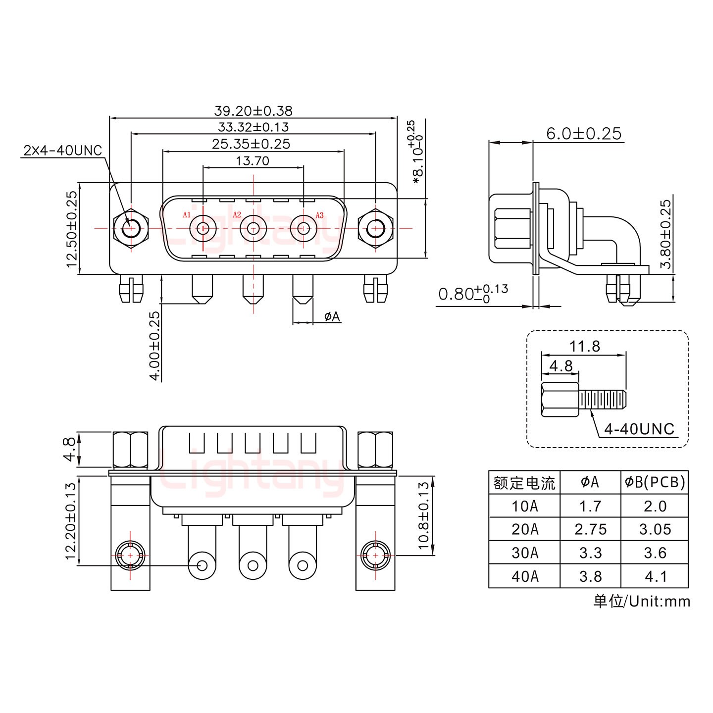 3W3公PCB弯插板/铆支架10.8/大电流10A