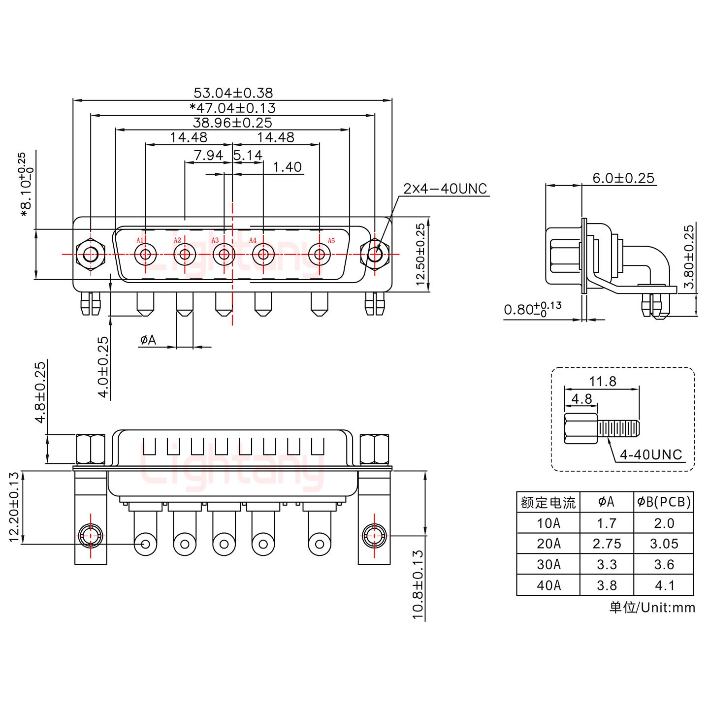 5W5公PCB弯插板/铆支架10.8/大电流10A