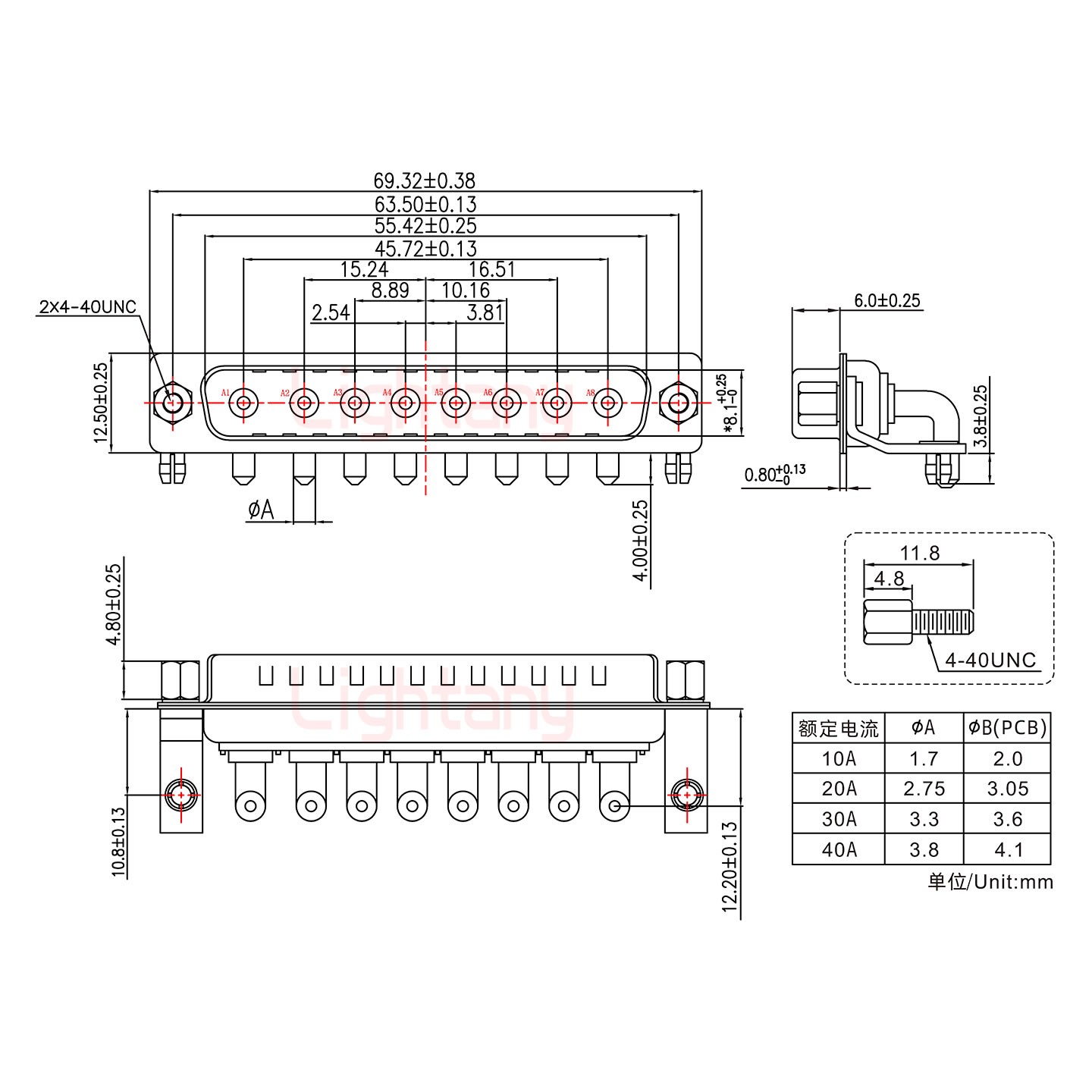 8W8公PCB弯插板/铆支架10.8/大电流30A