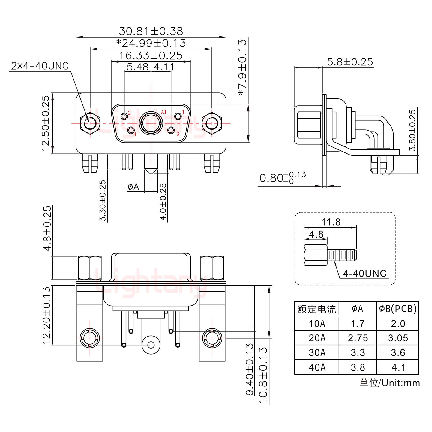 5W1母PCB弯插板/铆支架10.8/大电流40A