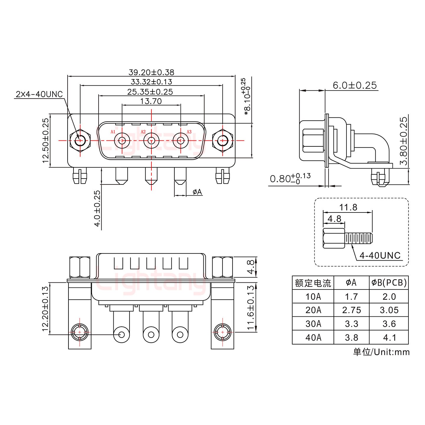 3W3公PCB弯插板/铆支架11.6/大电流20A