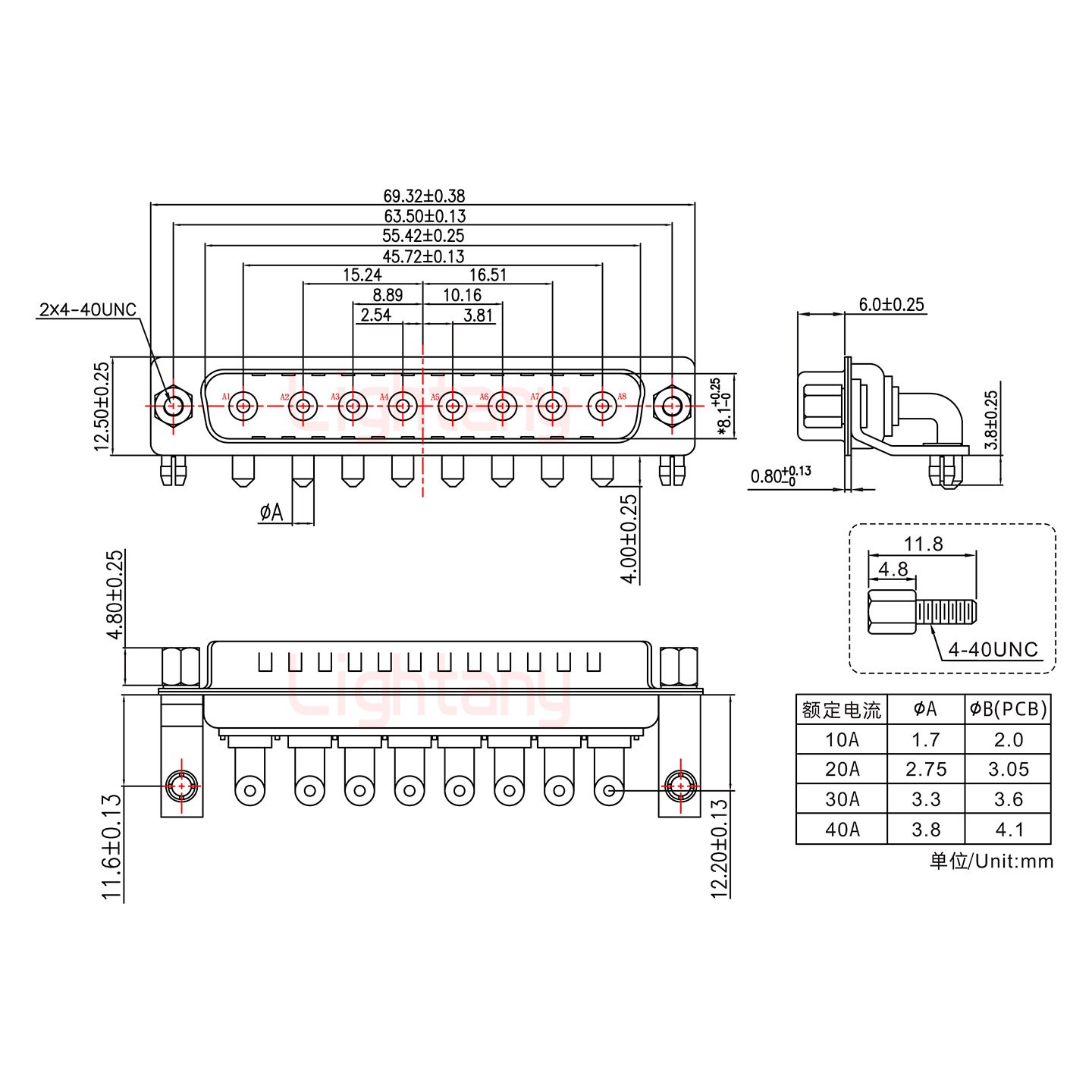 8W8公PCB弯插板/铆支架11.6/大电流30A