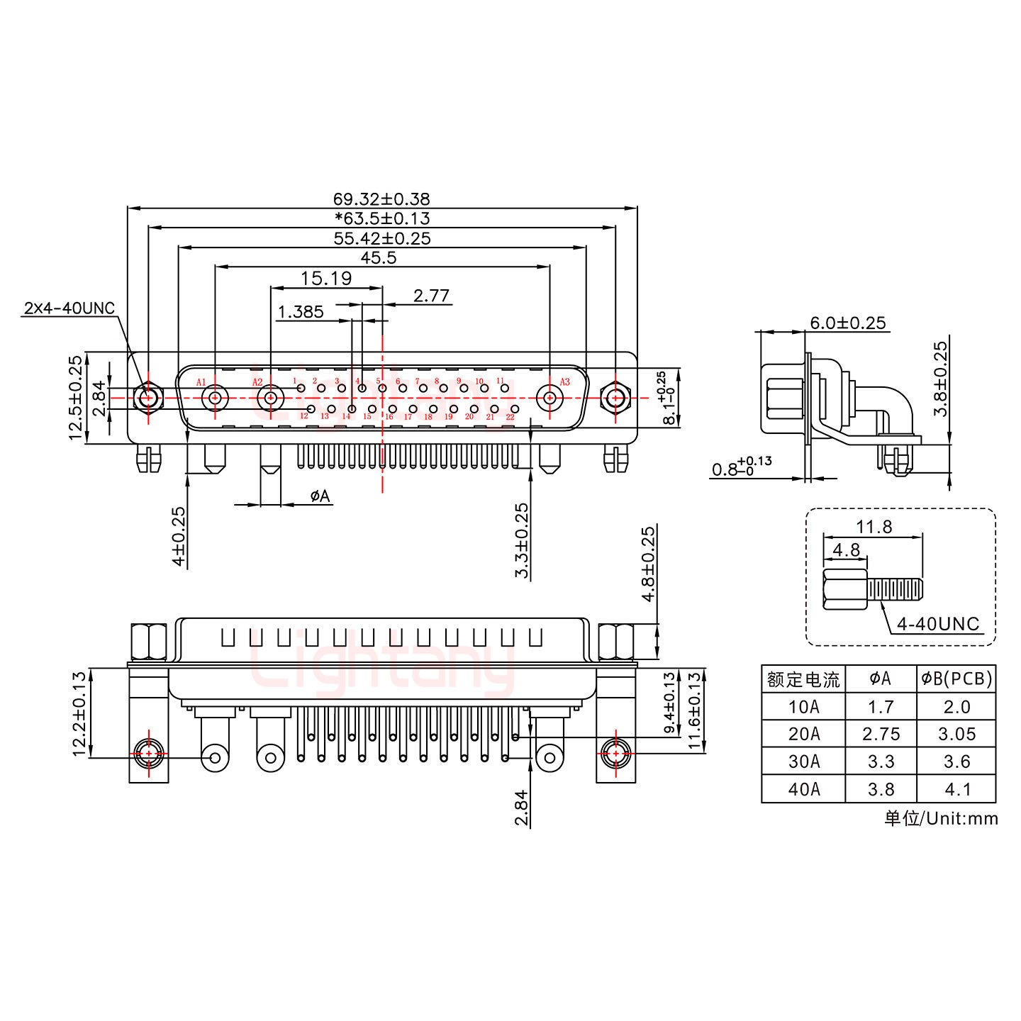 25W3公PCB弯插板/铆支架11.6/大电流40A