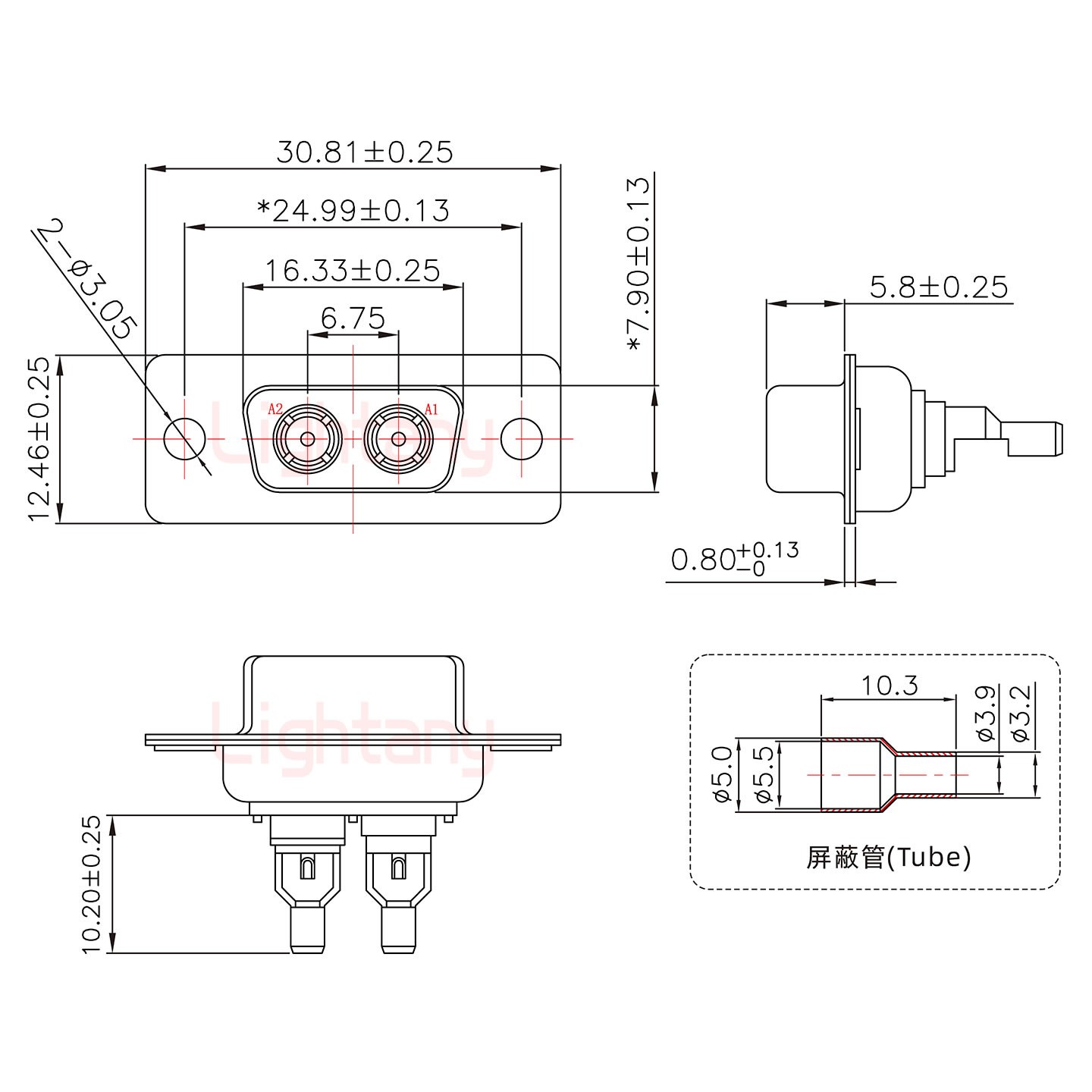 2W2公焊线式50欧姆+9P金属外壳424弯出线4~12mm