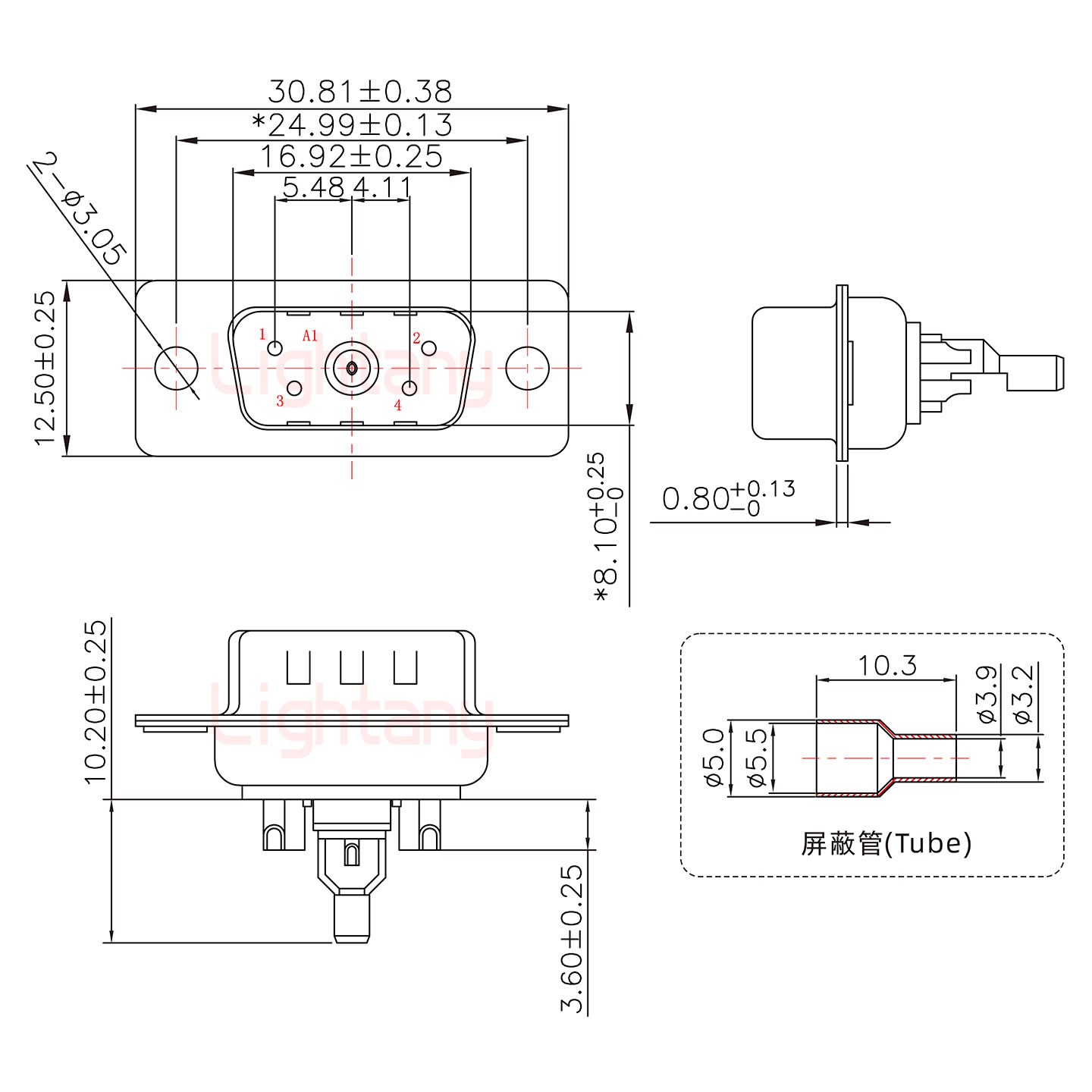 5W1公焊线式50欧姆+9P金属外壳1392斜出线4~12mm