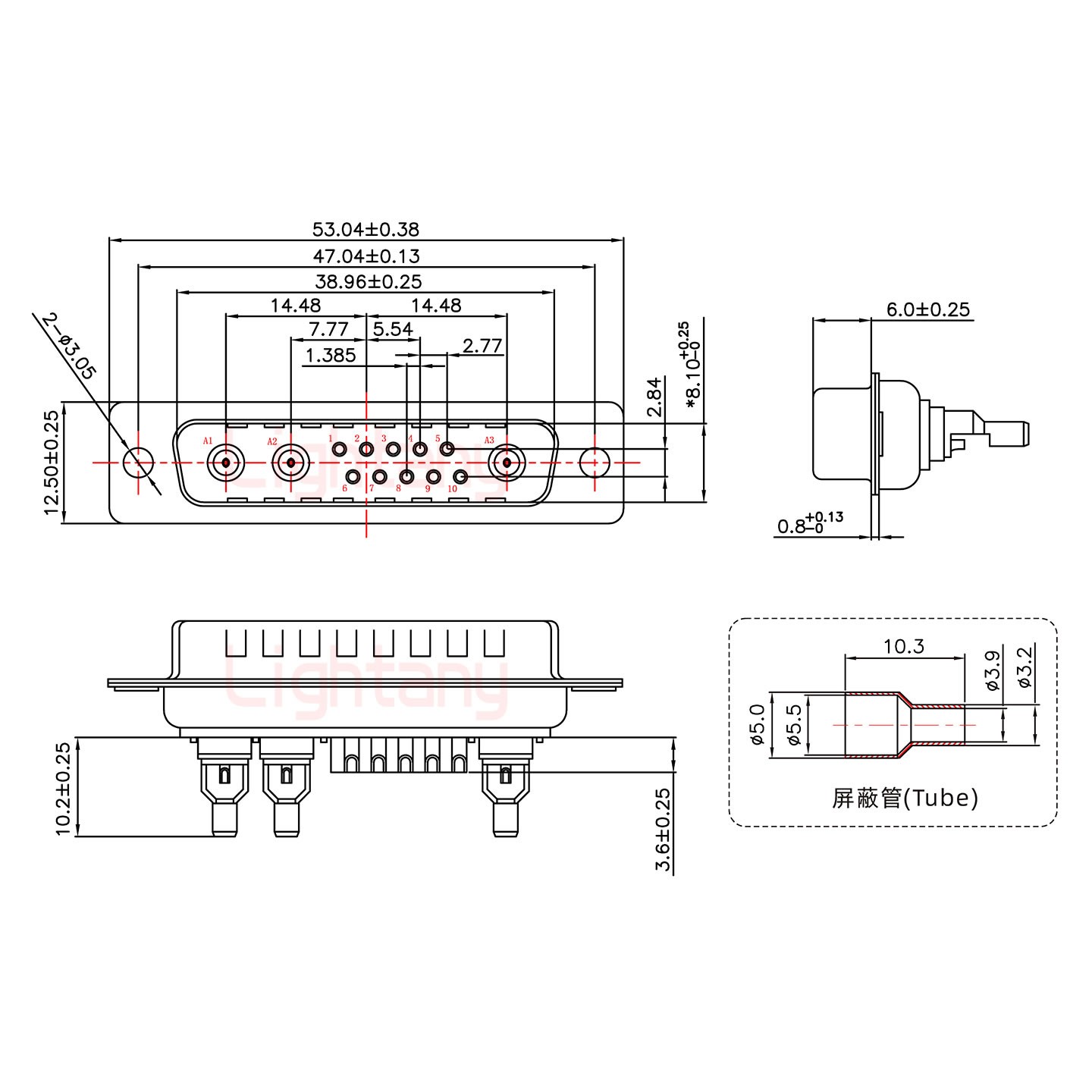 13W3公焊线式50欧姆+25P金属外壳1015弯出线4~12mm