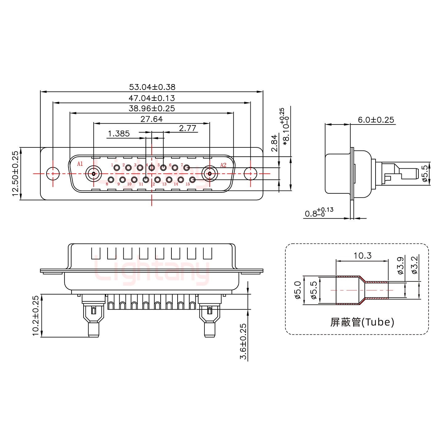 17W2公焊线式50欧姆+25P金属外壳1657直出线4~12mm