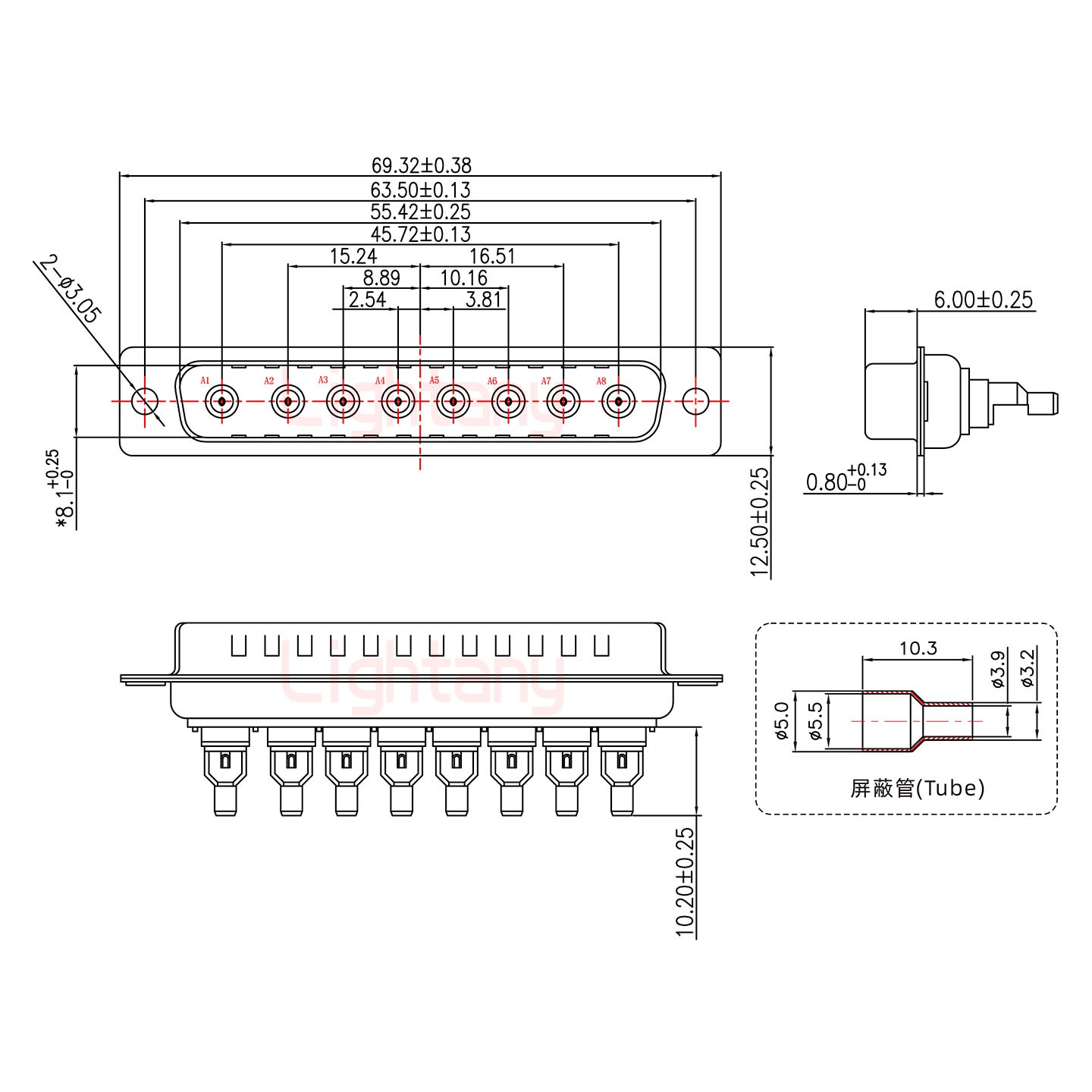 8W8公焊线式50欧姆+37P金属外壳967斜出线4~12mm