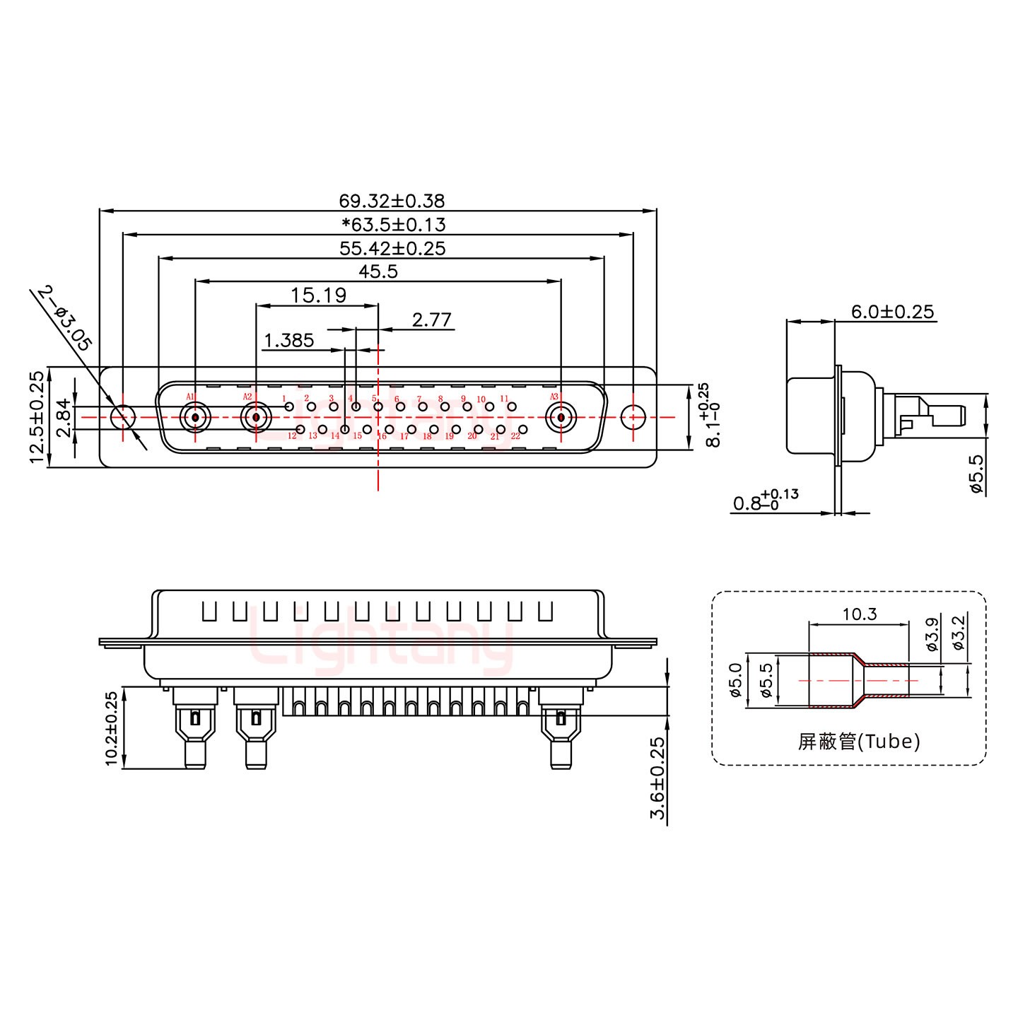 25W3公焊线式50欧姆+37P金属外壳951弯出线4~12mm