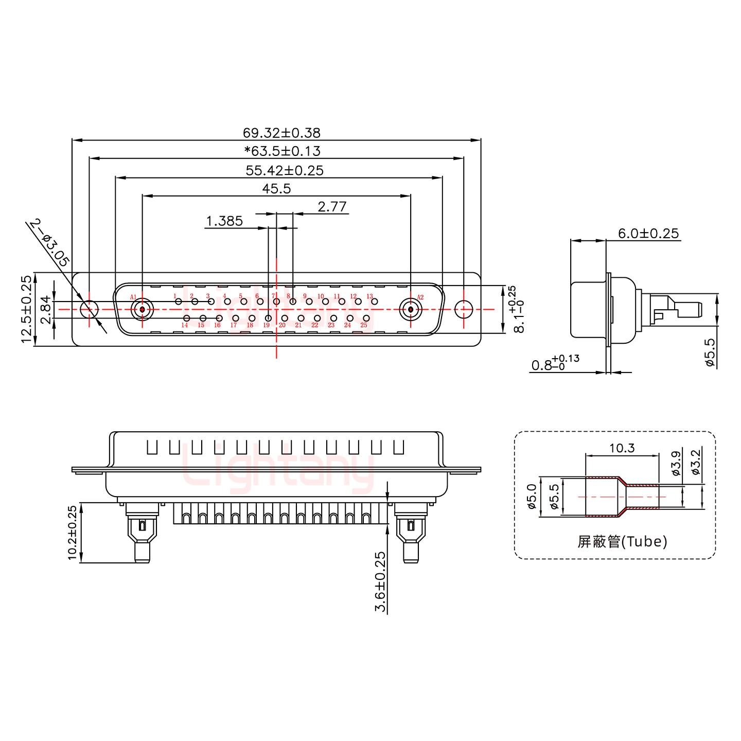 27W2公焊线式50欧姆+37P金属外壳967斜出线4~12mm