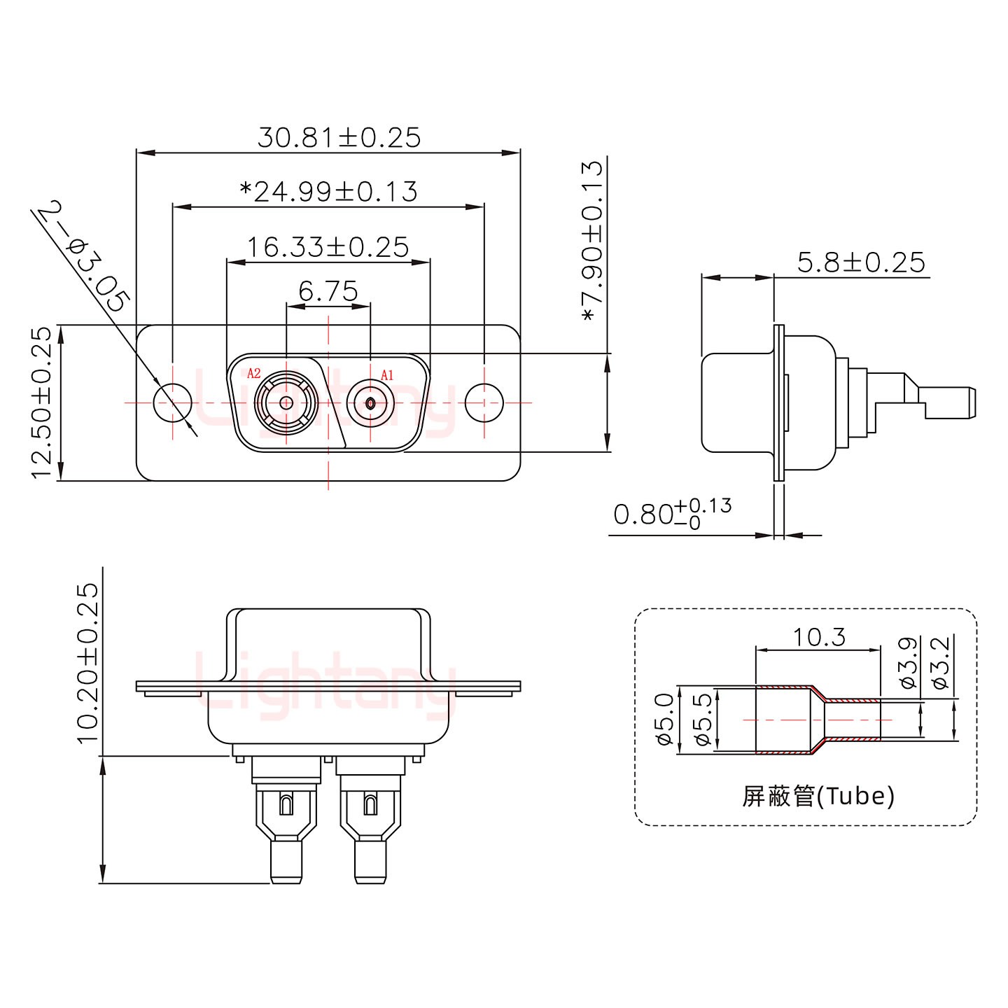 2V2母焊线式50欧姆+9P金属外壳424弯出线4~12mm