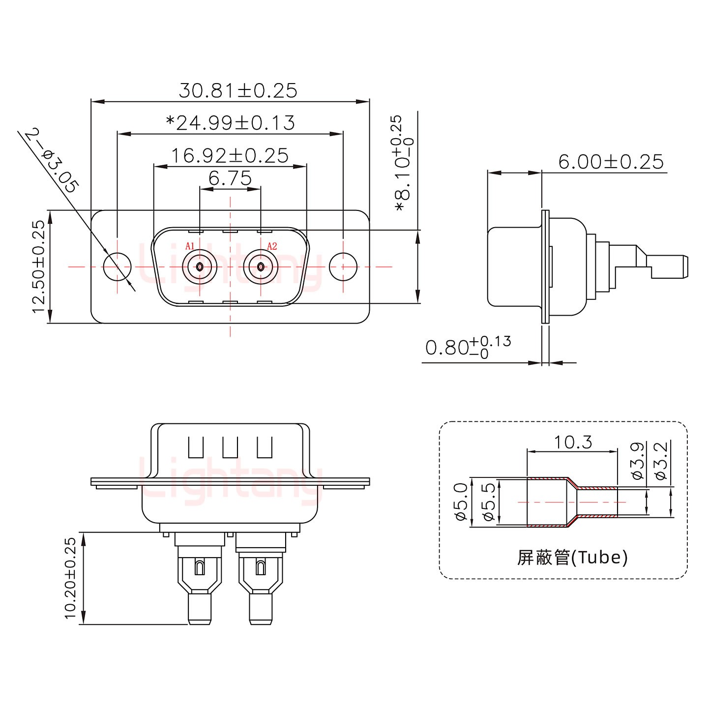 2W2母焊线式75欧姆+9P金属外壳424弯出线4~12mm