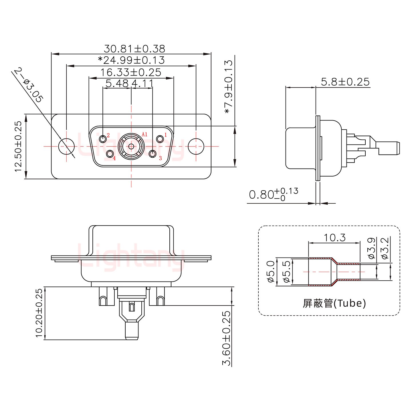 5W1母焊线式50欧姆+9P金属外壳424弯出线4~12mm