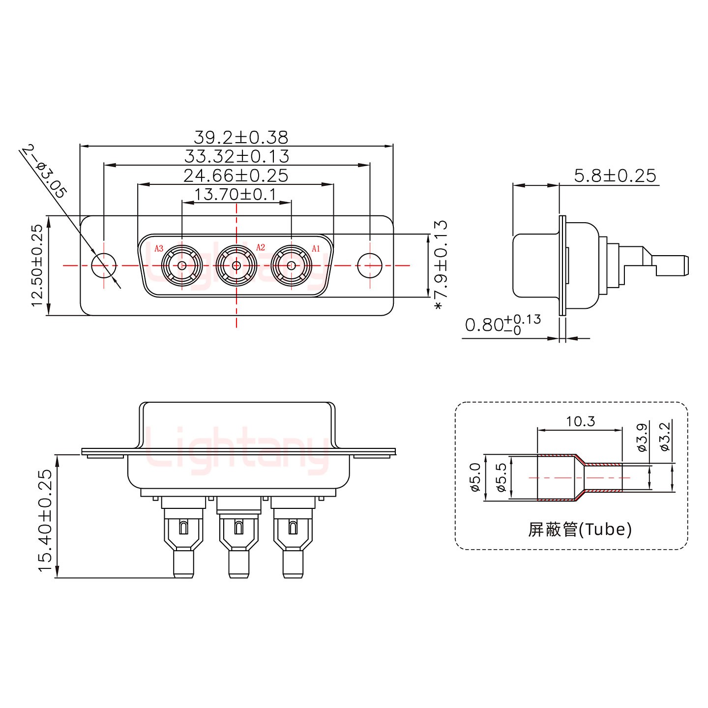 3W3母焊线式50欧姆+15P金属外壳1664直出线4~12mm