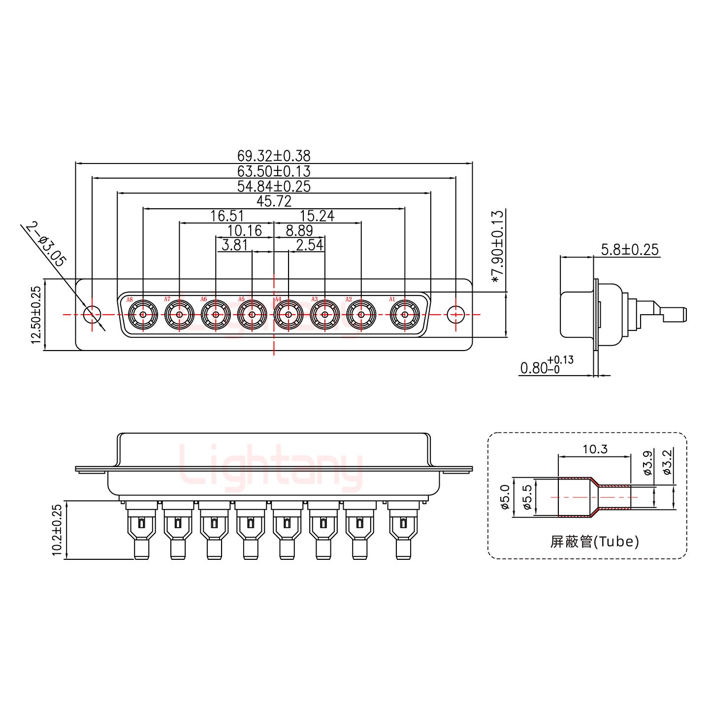 8W8母焊线式75欧姆+37P金属外壳951弯出线4~12mm