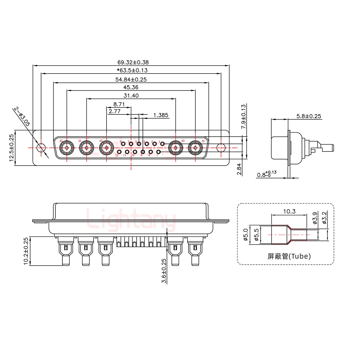 17W5母焊线式50欧姆+37P金属外壳951弯出线4~12mm