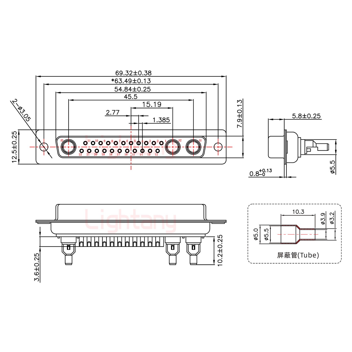 25W3母焊线式50欧姆+37P金属外壳2185直出线4~12mm