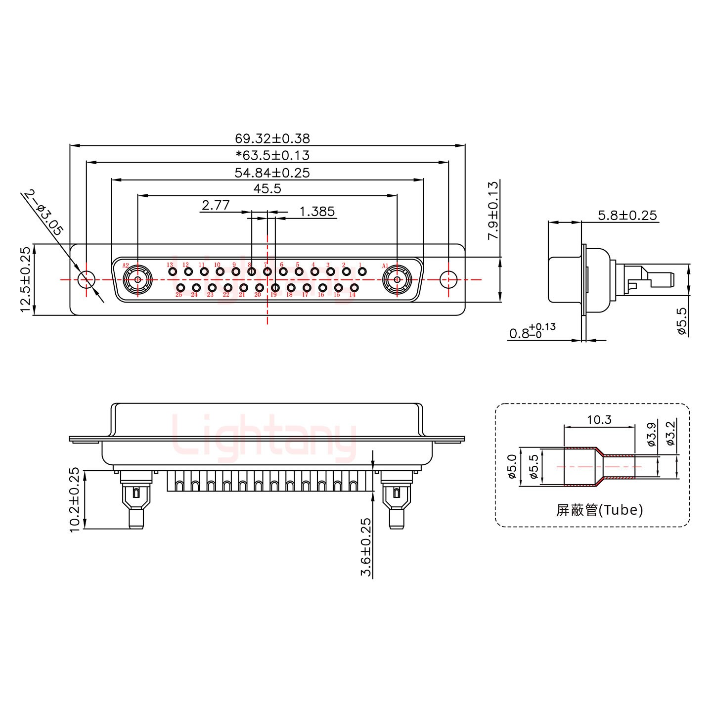 27W2母焊线式75欧姆+37P金属外壳967斜出线4~12mm