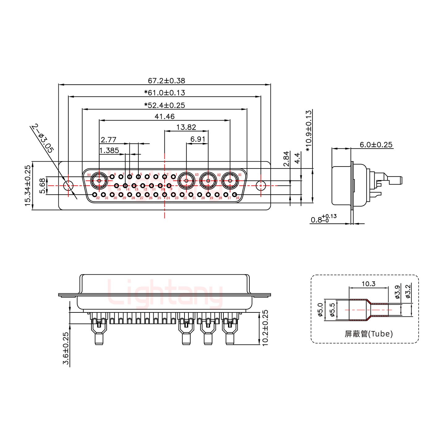 36W4母焊线式50欧姆+50P金属外壳1331直出线12.5mm