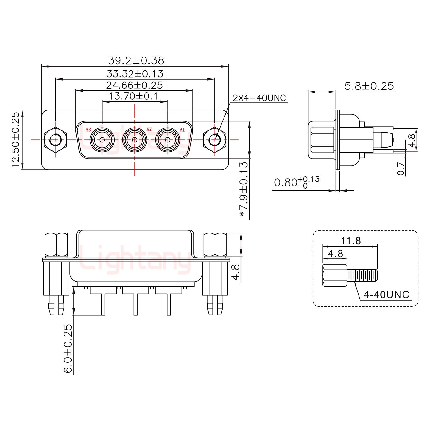 3W3母PCB直插板/铆鱼叉7.0/射频同轴75欧姆