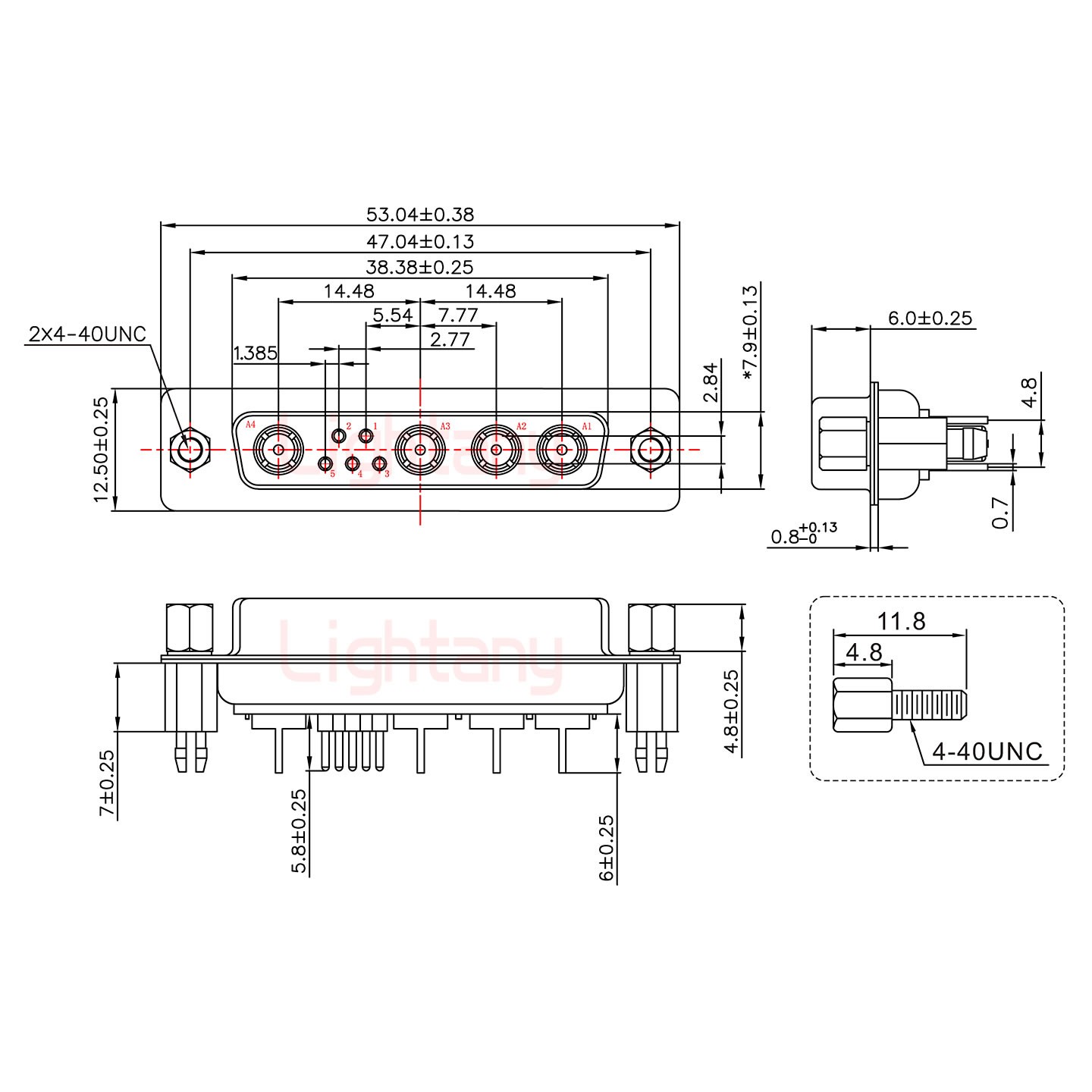 9W4母PCB直插板/铆鱼叉7.0/射频同轴50欧姆