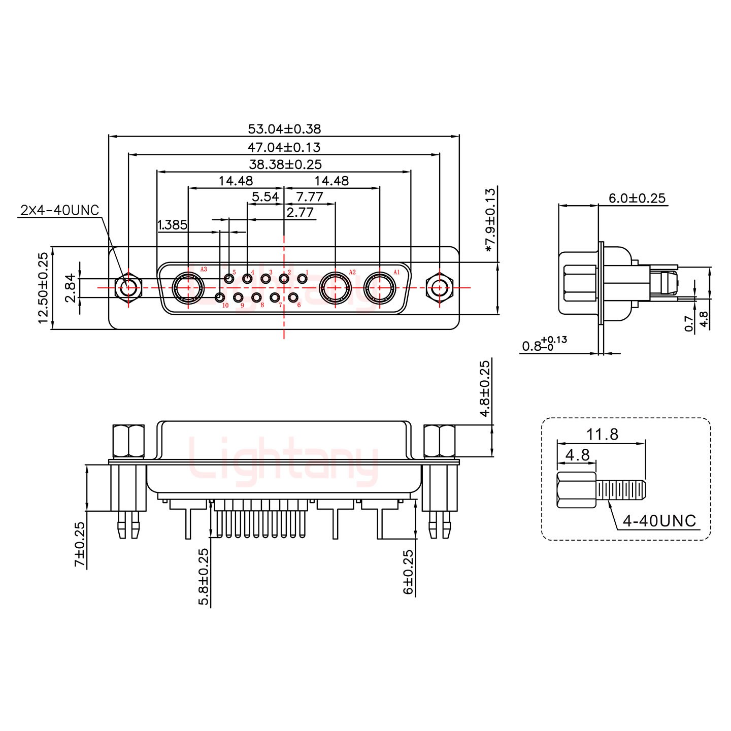 13W3母PCB直插板/铆鱼叉7.0/射频同轴50欧姆