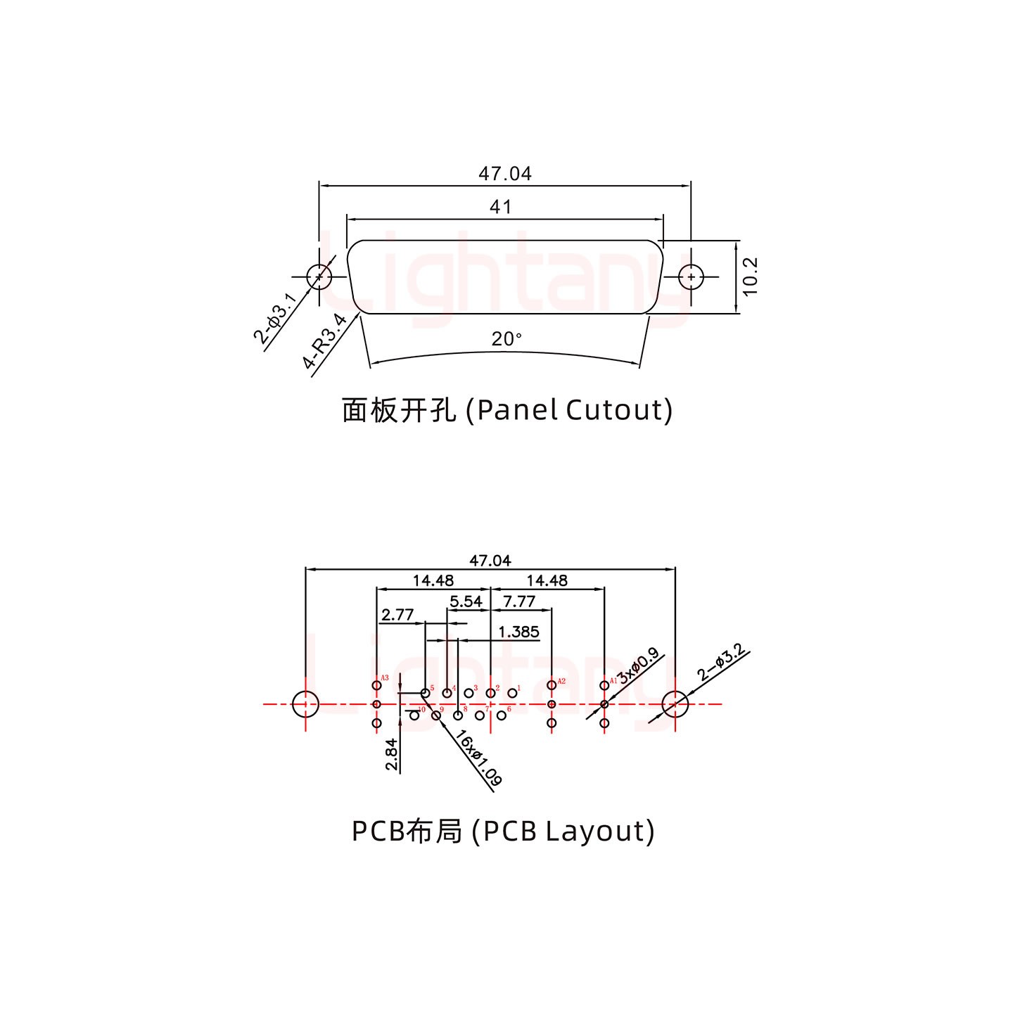 13W3母PCB直插板/铆鱼叉7.0/射频同轴50欧姆