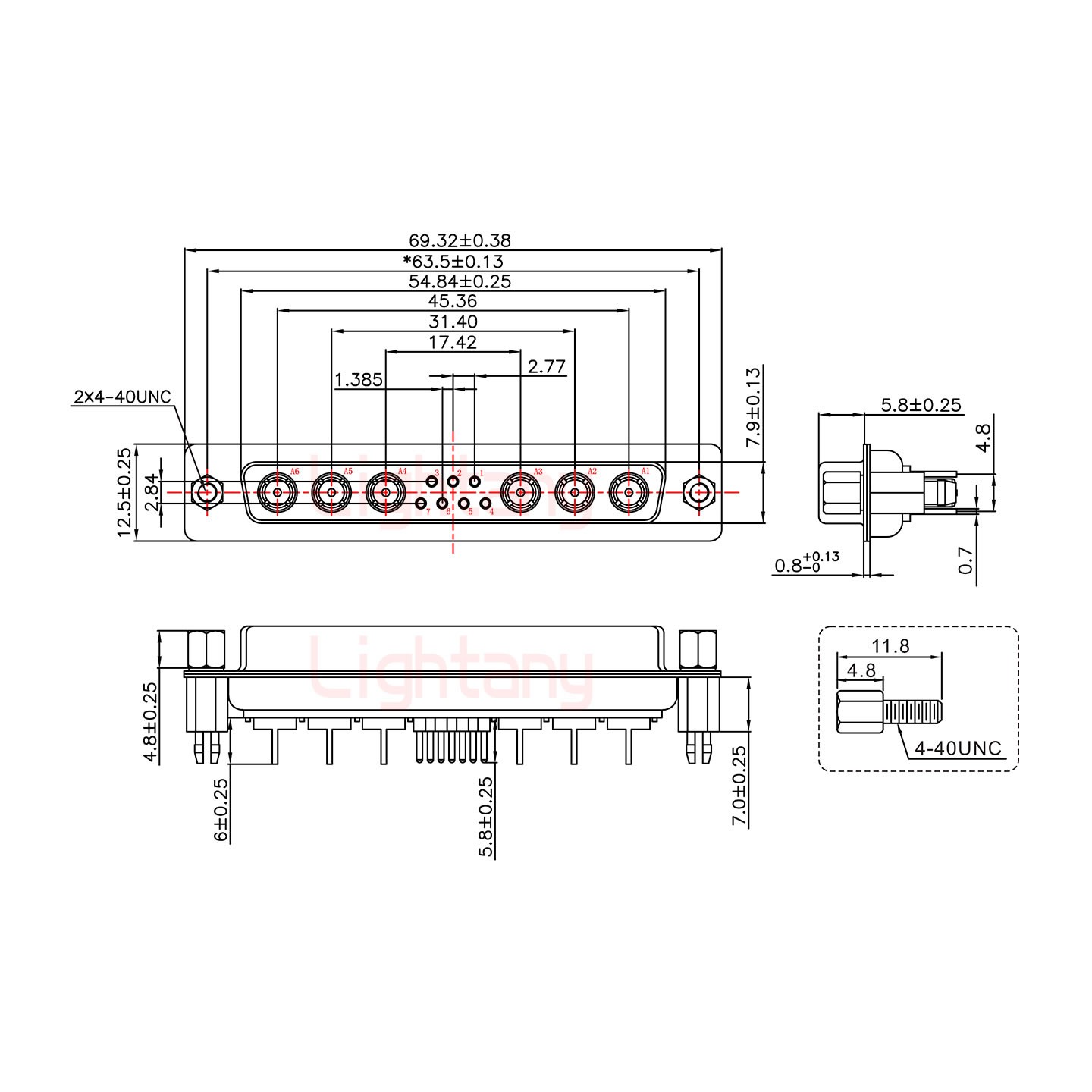 13W6A母PCB直插板/铆鱼叉7.0/射频同轴50欧姆