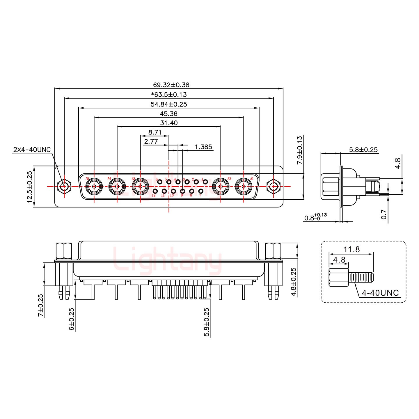 17W5母PCB直插板/铆鱼叉7.0/射频同轴75欧姆