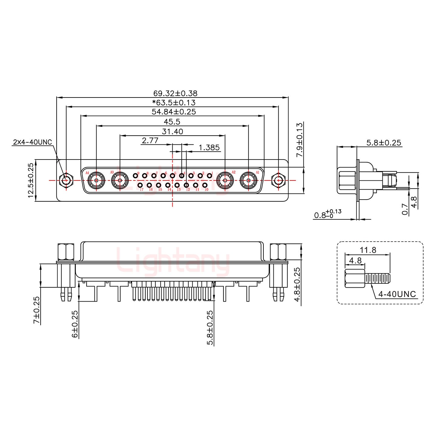 21W4母PCB直插板/铆鱼叉7.0/射频同轴75欧姆