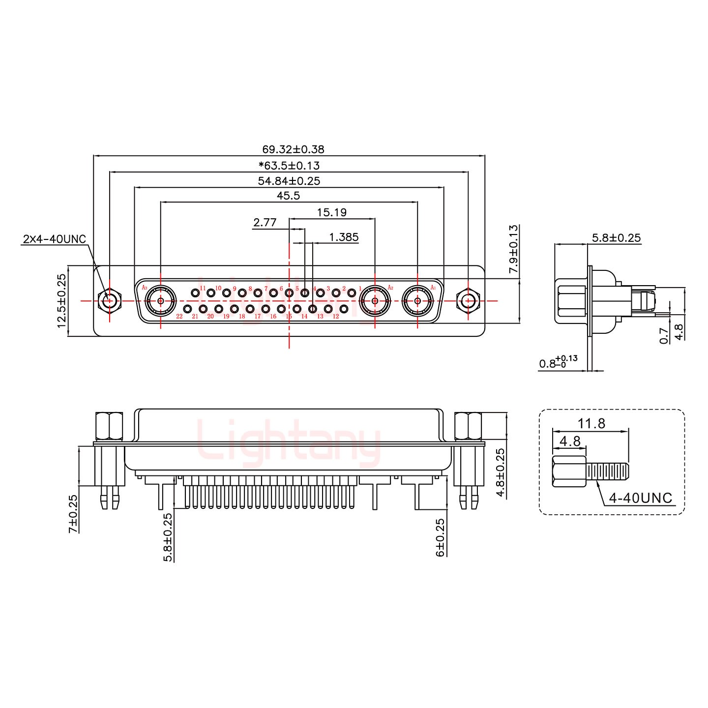 25W3母PCB直插板/铆鱼叉7.0/射频同轴75欧姆