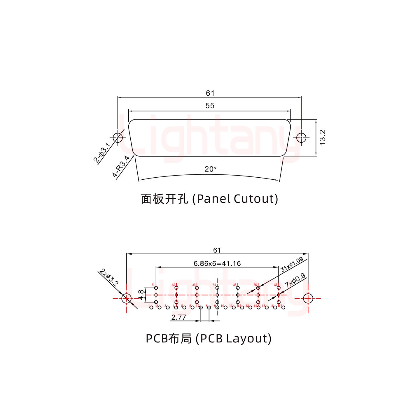 24W7母PCB直插板/铆鱼叉7.0/射频同轴50欧姆