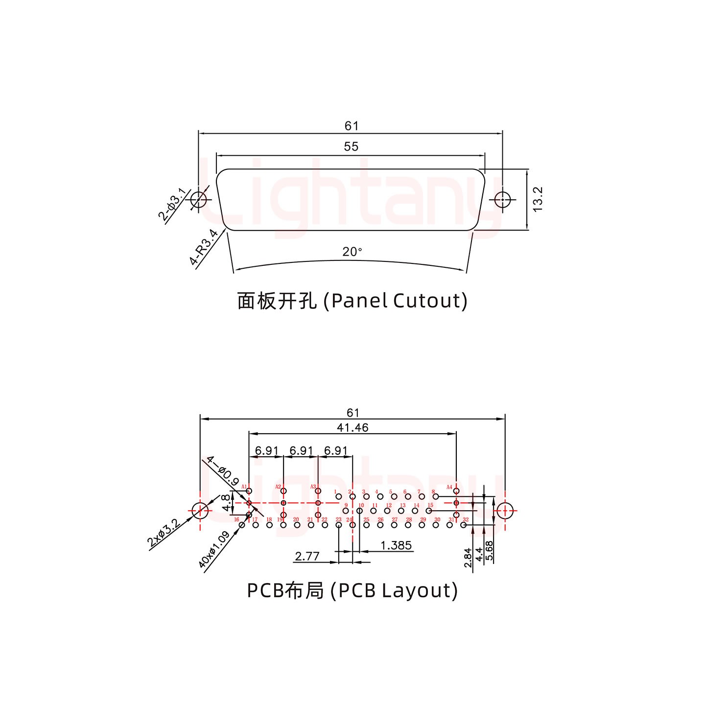 36W4母PCB直插板/铆鱼叉7.0/射频同轴75欧姆