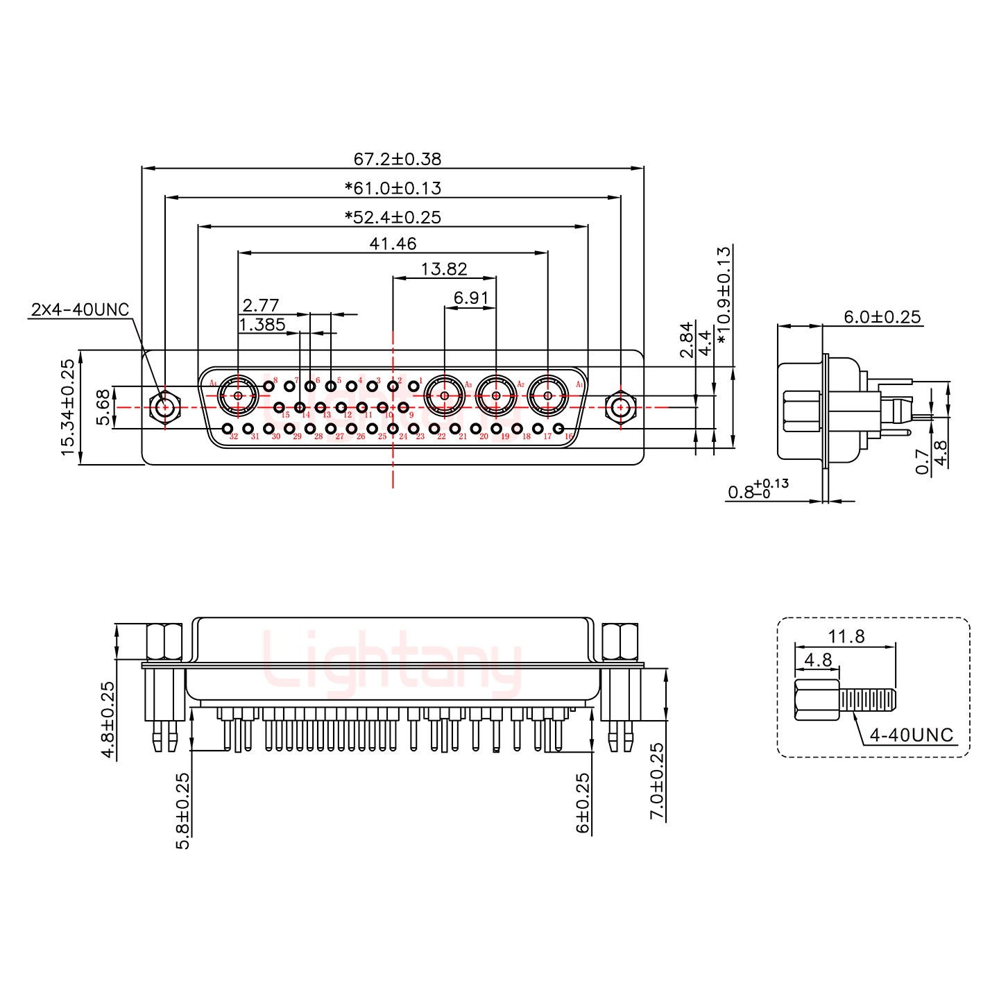 36W4母PCB直插板/铆鱼叉7.0/射频同轴75欧姆