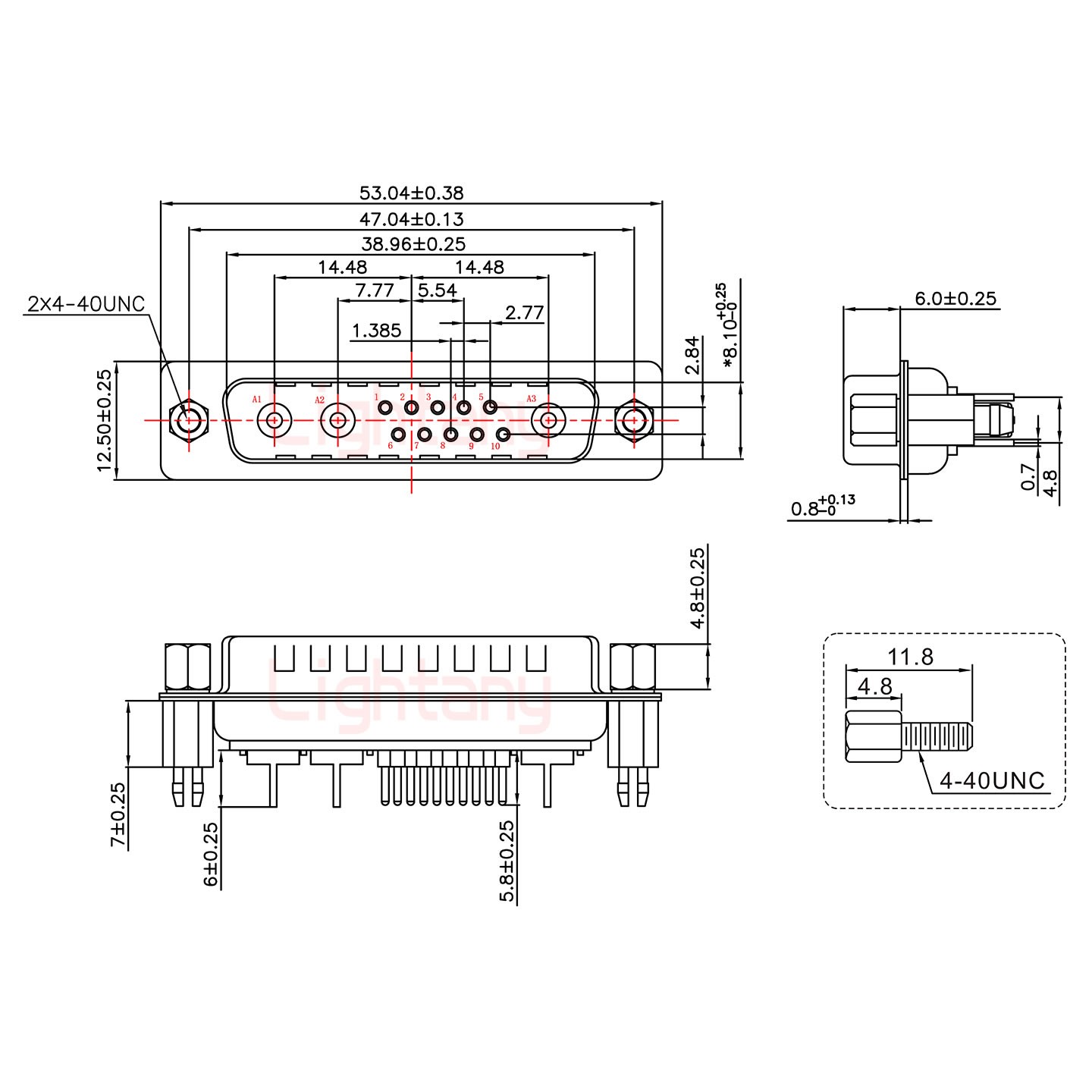 13W3公PCB直插板/铆鱼叉7.0/射频同轴50欧姆