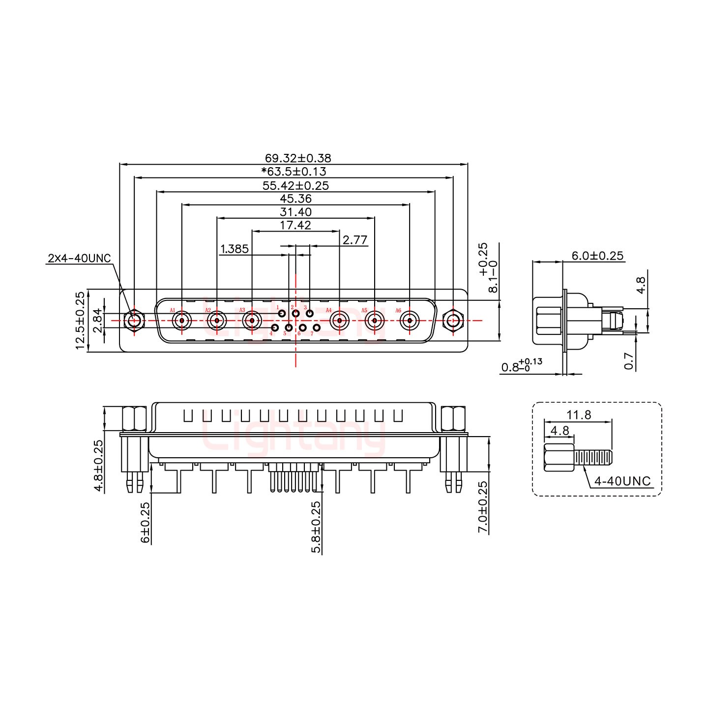 13W6A公PCB直插板/铆鱼叉7.0/射频同轴50欧姆